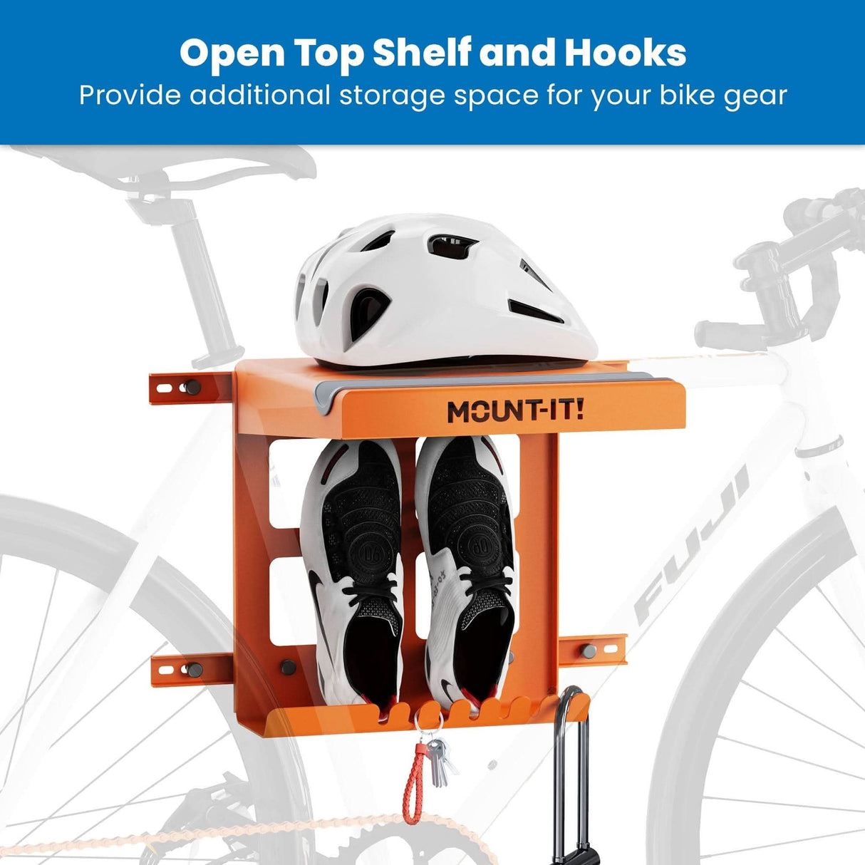 Bike Wall Mount with Shelf and Hooks Bicycle Mount - WheelsUp Series Bike Wall Mount with Shelf and Hooks - Mount-It! -