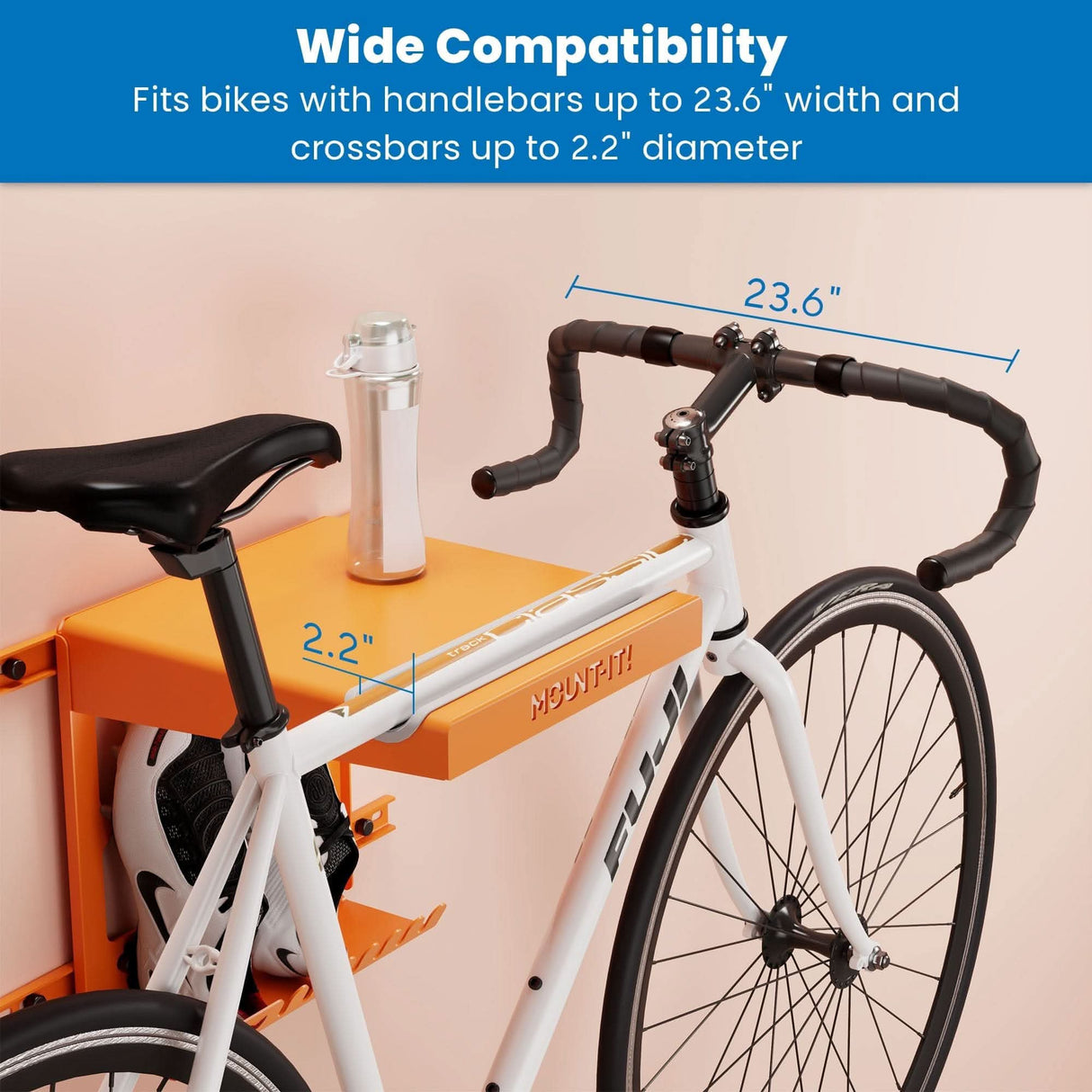 Bike Wall Mount with Shelf and Hooks Bicycle Mount - WheelsUp Series Bike Wall Mount with Shelf and Hooks - Mount-It! -