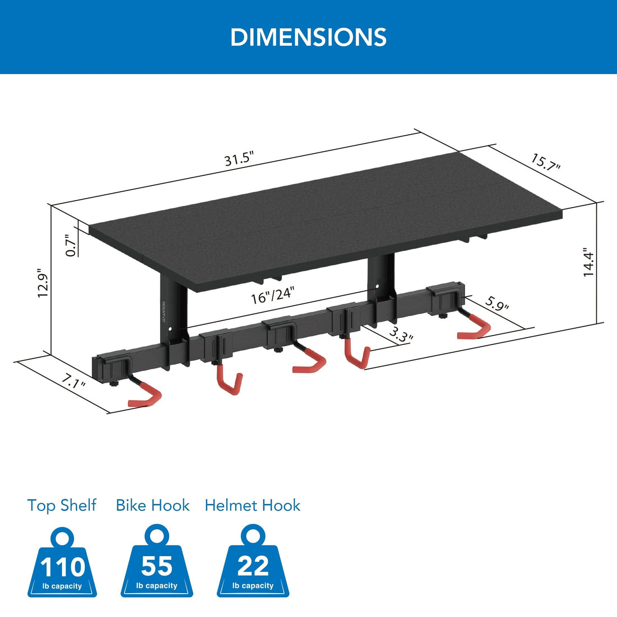 Bike Wall Mount with Shelf for 3 Bikes Bicycle Mount - WheelsUp Series Bike Wall Mount with Shelf for 3 Bikes - Mount-It! - MI-9023