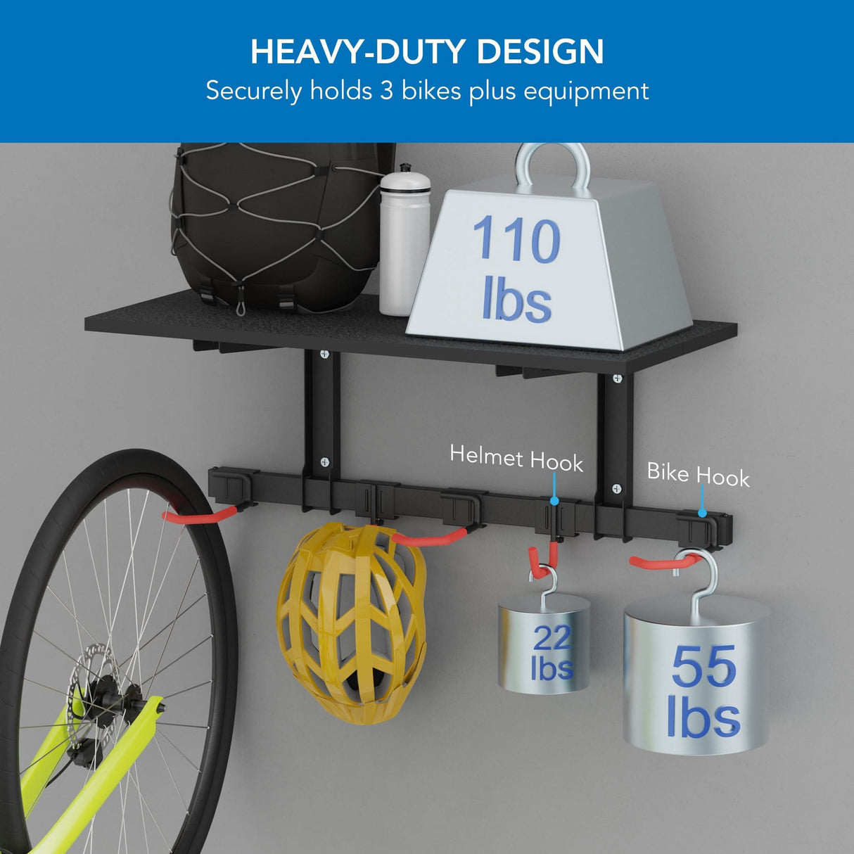 Bike Wall Mount with Shelf for 3 Bikes Bicycle Mount - WheelsUp Series Bike Wall Mount with Shelf for 3 Bikes - Mount-It! - MI-9023