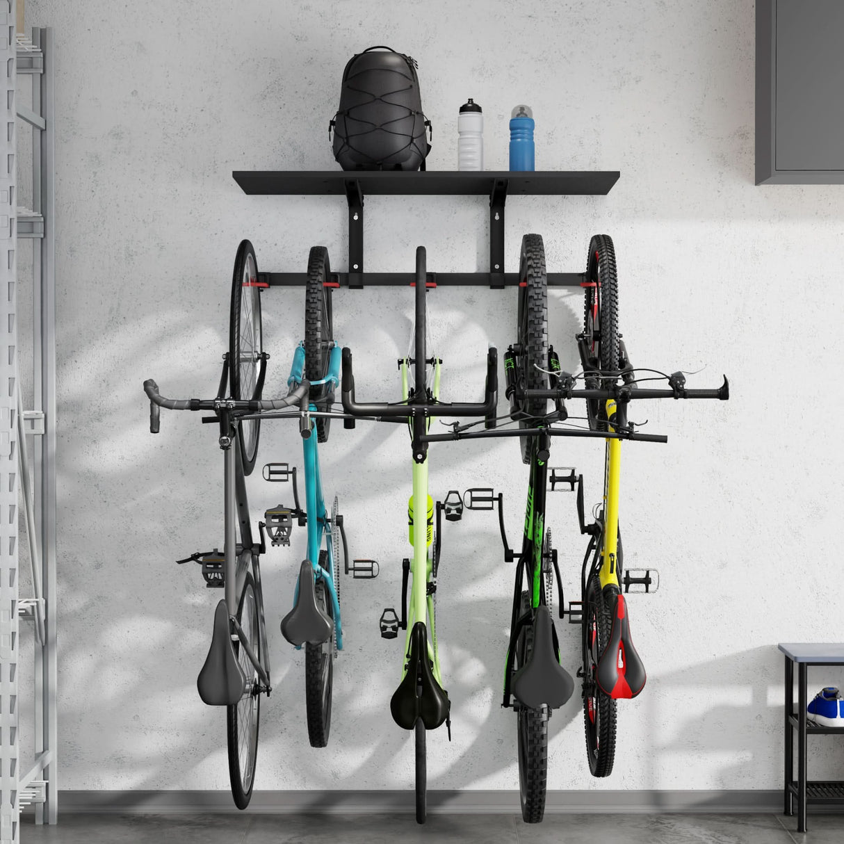Bike Wall Mount with Shelf for 5 Bikes Bicycle Mount - WheelsUp Series Bike Wall Mount with Shelf for 5 Bikes - Mount-It! - MI-9024