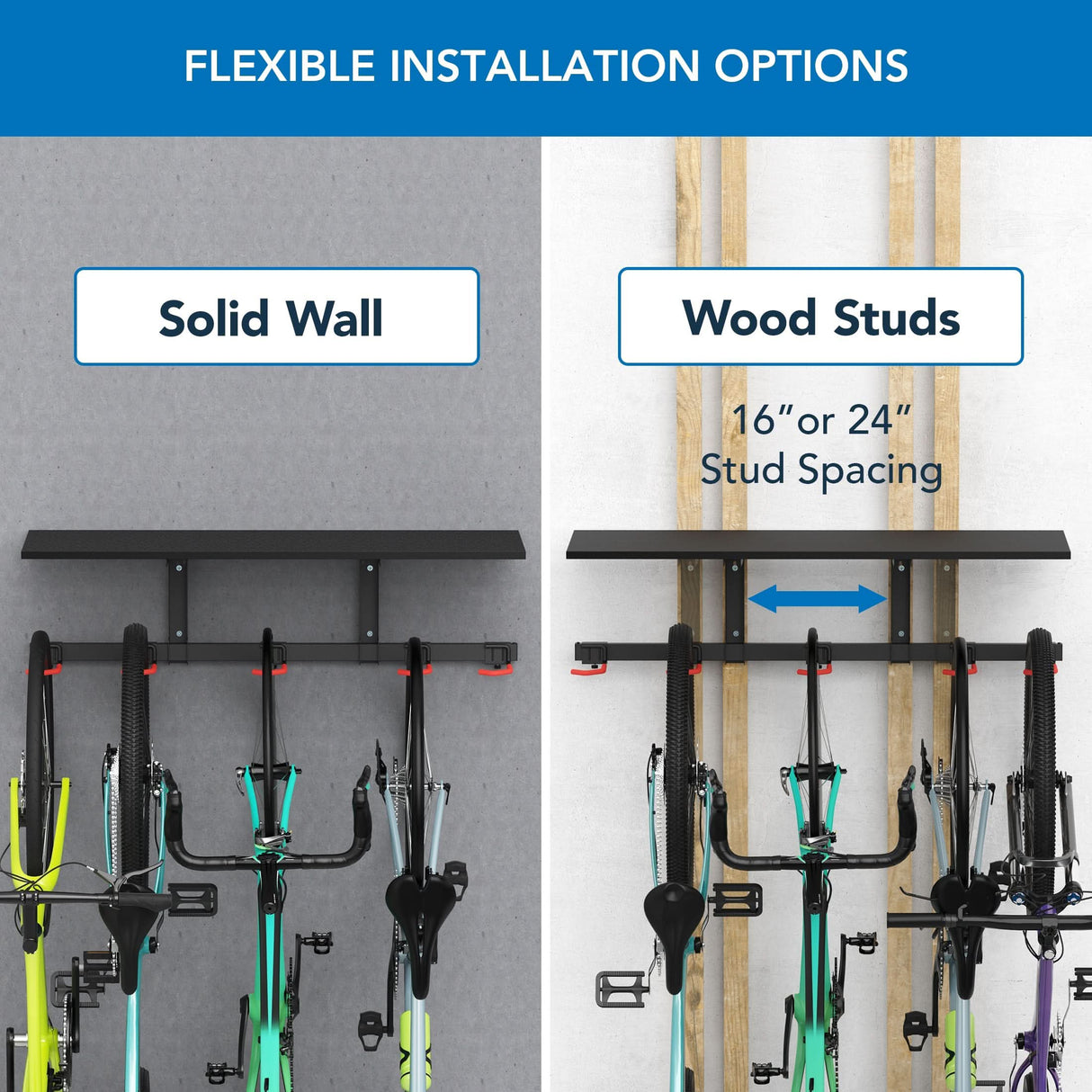 Bike Wall Mount with Shelf for 5 Bikes Bicycle Mount - WheelsUp Series Bike Wall Mount with Shelf for 5 Bikes - Mount-It! - MI-9024