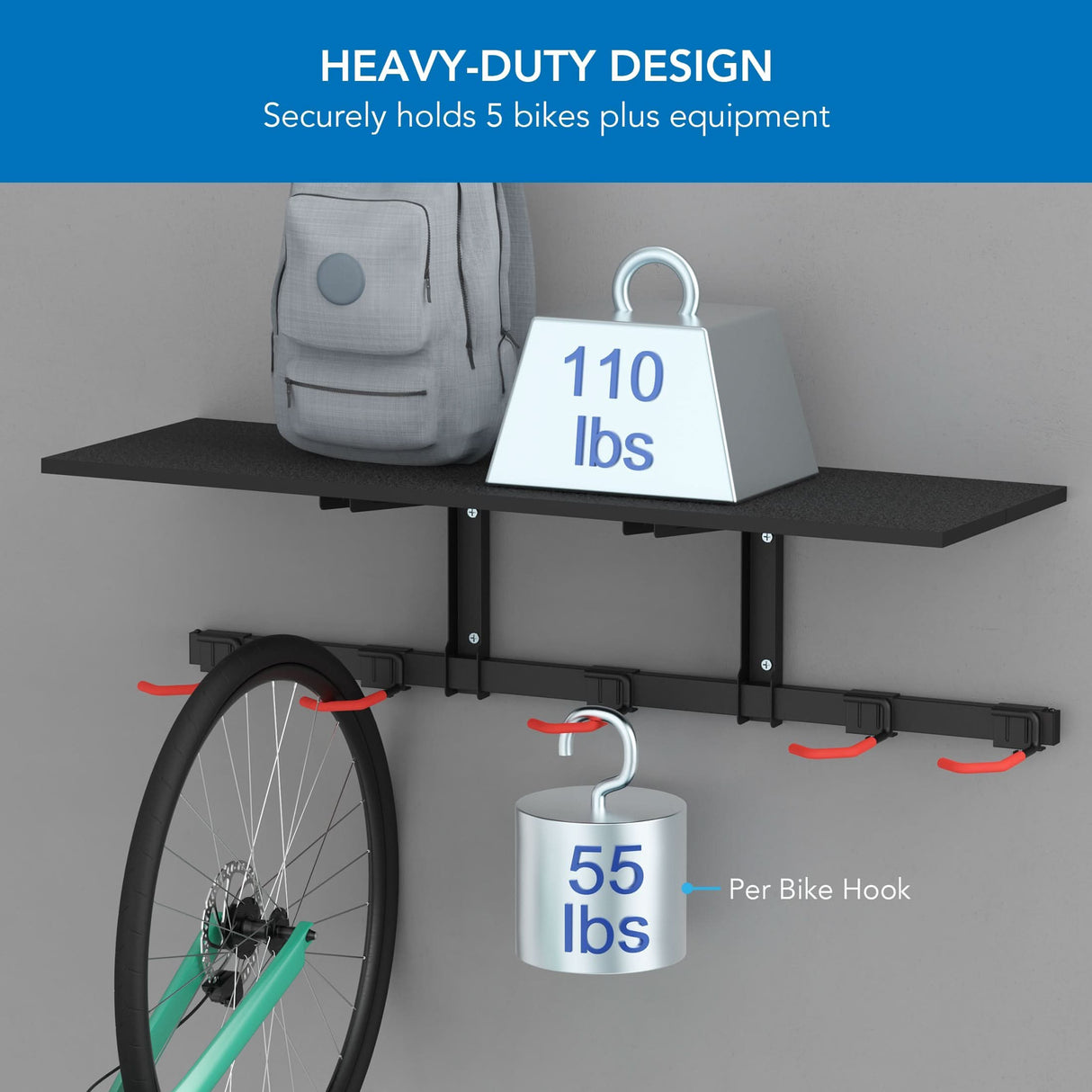 Bike Wall Mount with Shelf for 5 Bikes Bicycle Mount - WheelsUp Series Bike Wall Mount with Shelf for 5 Bikes - Mount-It! - MI-9024