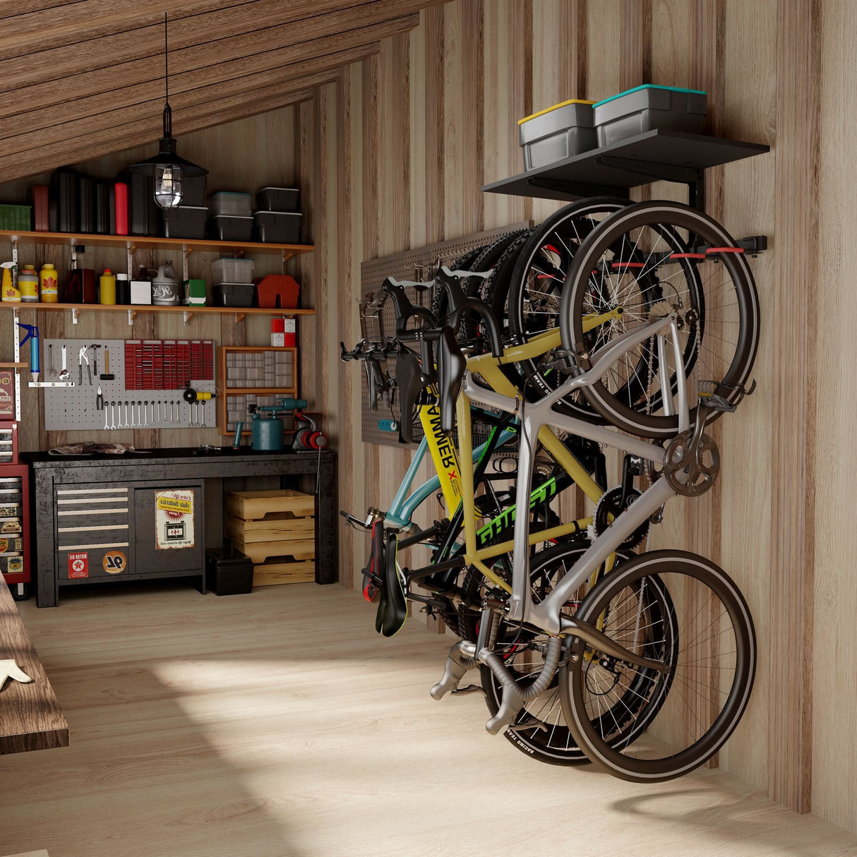 Bike Wall Mount with Shelf for 5 Bikes Bicycle Mount - WheelsUp Series Bike Wall Mount with Shelf for 5 Bikes - Mount-It! - MI-9024