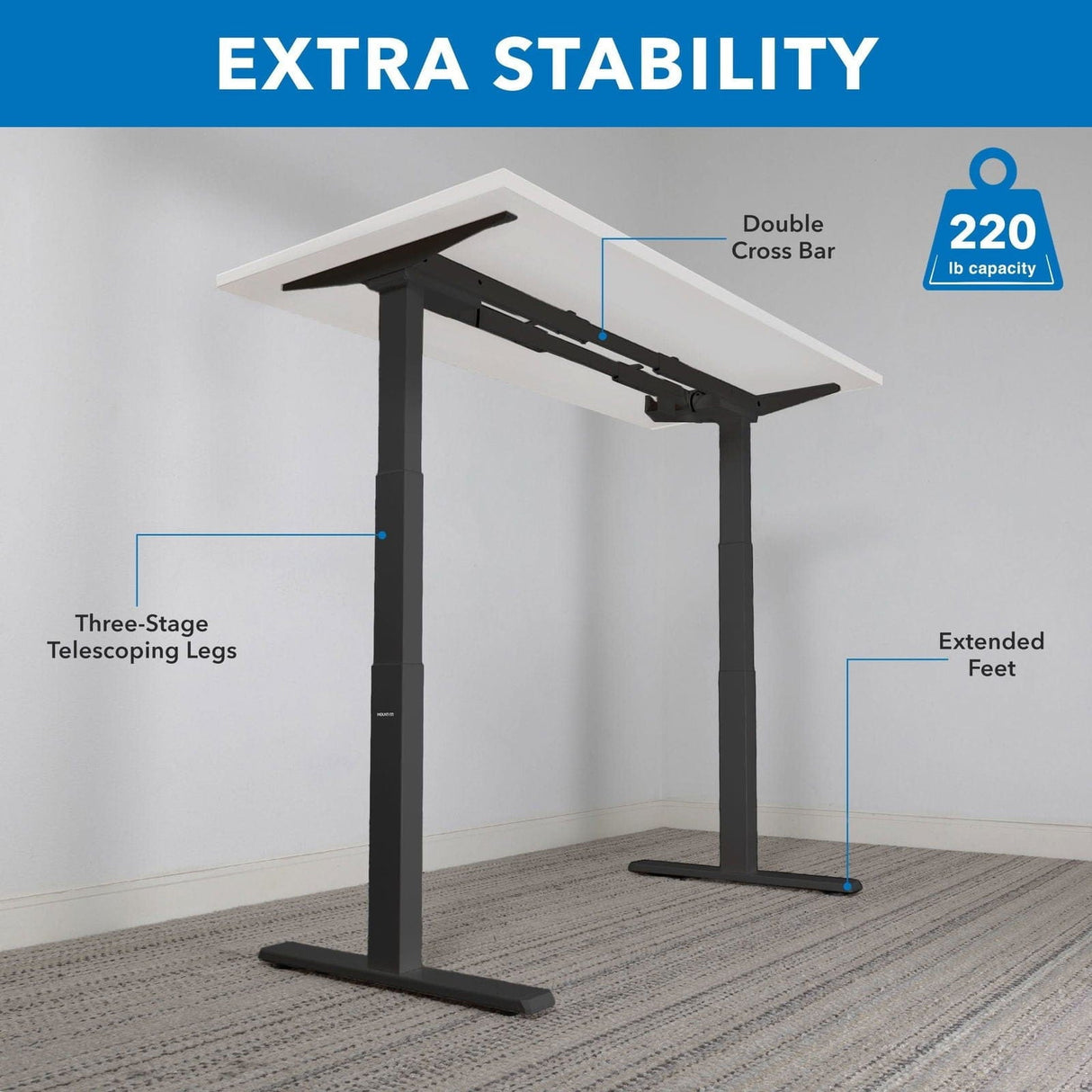 Ultimate Dual Motor Electric Standing Desk with 48" Tabletop White Standing Desk - Ultimate Dual Motor Electric Standing Desk with 48" Tabletop - Black Base - Mount-It! - MI-18116