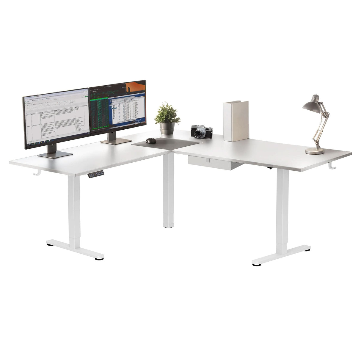 White / White Standing Desk - XL Electric Height Adjustable Corner Standing Desk - Mount-It! - MI-15029