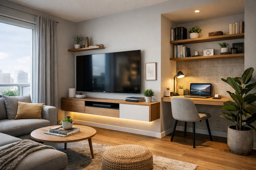 A small apartment showcasing a floating TV console integrated with a builtin desk, warm wood tones and biophilic accents.