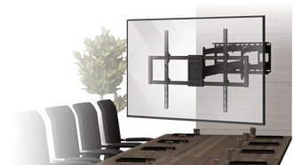 A flat-screen TV mounted on a white wall above a slim soundbar, with a floating TV mount bracket visible through the screen. Modern minimalist living room decor.