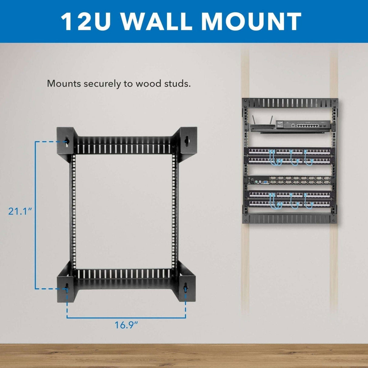 Server and Networking Racks - 12U Black Steel Open Frame Wall Rack - Mount-It! - MI-7633