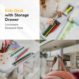 Collage of the Mount-It! Kids Desk and Chair Set for Ages 3-10, featuring height adjustability, a storage drawer with colored pencils, a child organizing it, and a close-up of the backpack hook. Text highlights key desk features.