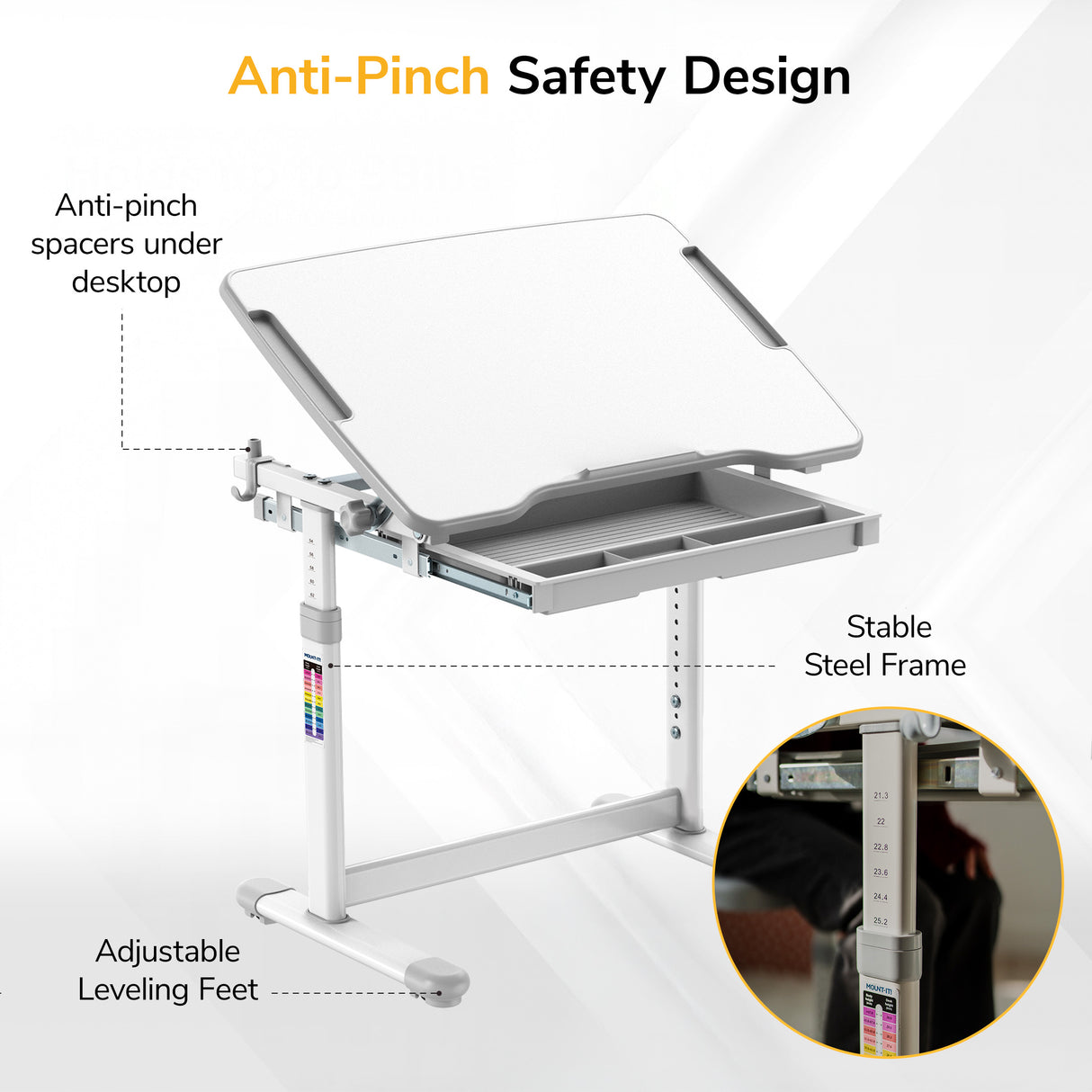The Mount-It! Kids Desk and Chair Set for Ages 3-10 features a height-adjustable, tilting desktop, anti-pinch design, stable steel frame, leveling feet, sliding tray, and spacers for comfort and safety.
