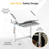 The Mount-It! Kids Desk and Chair Set for Ages 3-10 features a height-adjustable, tilting desktop, anti-pinch design, stable steel frame, leveling feet, sliding tray, and spacers for comfort and safety.