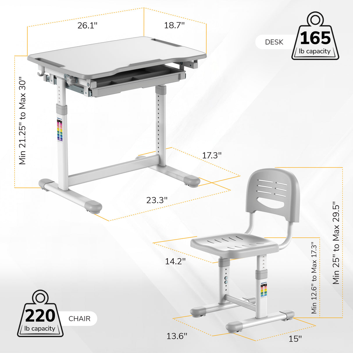 The Mount-It! Kids Desk and Chair Set for Ages 3-10 features a tilting desktop, desk height of 21.25-30" (28.1x18.1", 165 lb capacity), and chair height of 12.6-17.3" (14.2x15", 220 lb capacity).