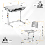The Mount-It! Kids Desk and Chair Set for Ages 3-10 features a tilting desktop, desk height of 21.25-30" (28.1x18.1", 165 lb capacity), and chair height of 12.6-17.3" (14.2x15", 220 lb capacity).