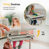 A woman tilts the Mount-It! Kids Desk and Chair Set for Ages 3-10 with a smooth pull-out storage drawer, while a girl sits nearby. Inset shows another girl reading at the 40° tilted desktop.