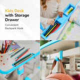 Collage featuring the Mount-It! Kids Desk and Chair Set for Ages 3-10 with a blue drawer storing colored pencils, a child using the drawer, close-up of pencils in the desk, and a handy hook holding a backpack.