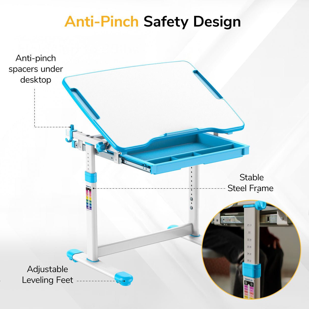 The Mount-It! Kids Desk and Chair Set for Ages 3-10 features an adjustable blue and white desk with tilting desktop, anti-pinch spacers, stable steel frame, and leveling feet, shown with callouts and close-up insets.