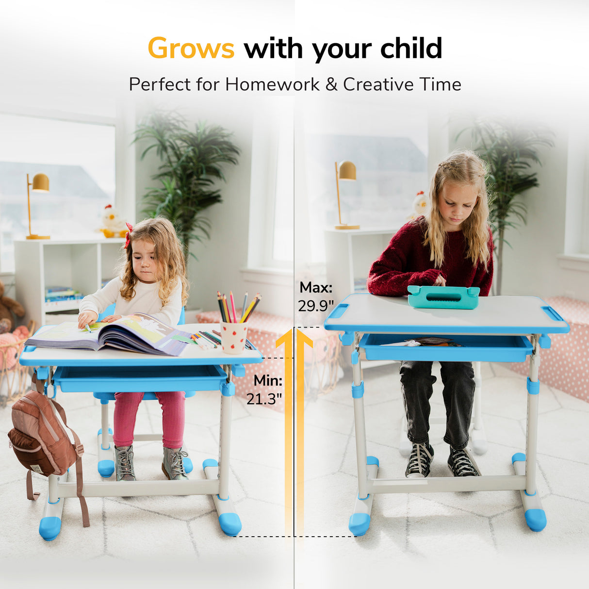 Two kids use the Mount-It! Kids Desk and Chair Set for Ages 3-10 in a bright room. One draws while the other uses a tablet. The adjustable desk features a tilting desktop and height range from 21.3” to 29.9”.