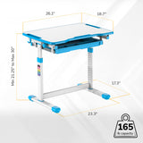 The Mount-It! Kids Desk and Chair Set for Ages 3-10 features an adjustable-height blue and white desk with a tilting desktop, dimensions 26.1"W x 18.7"D, height from 21.25" to 30", leg width 23.3", depth 17.3", and a weight capacity of 165 lbs.