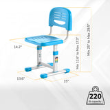 The Mount-It! Kids Desk and Chair Set for Ages 3-10 features a blue and white adjustable chair with seat height from 12.6" to 17.3", backrest height from 25" to 29.5", seat width 14.2", depth 13.6", base 15", and holds up to 220 lbs.