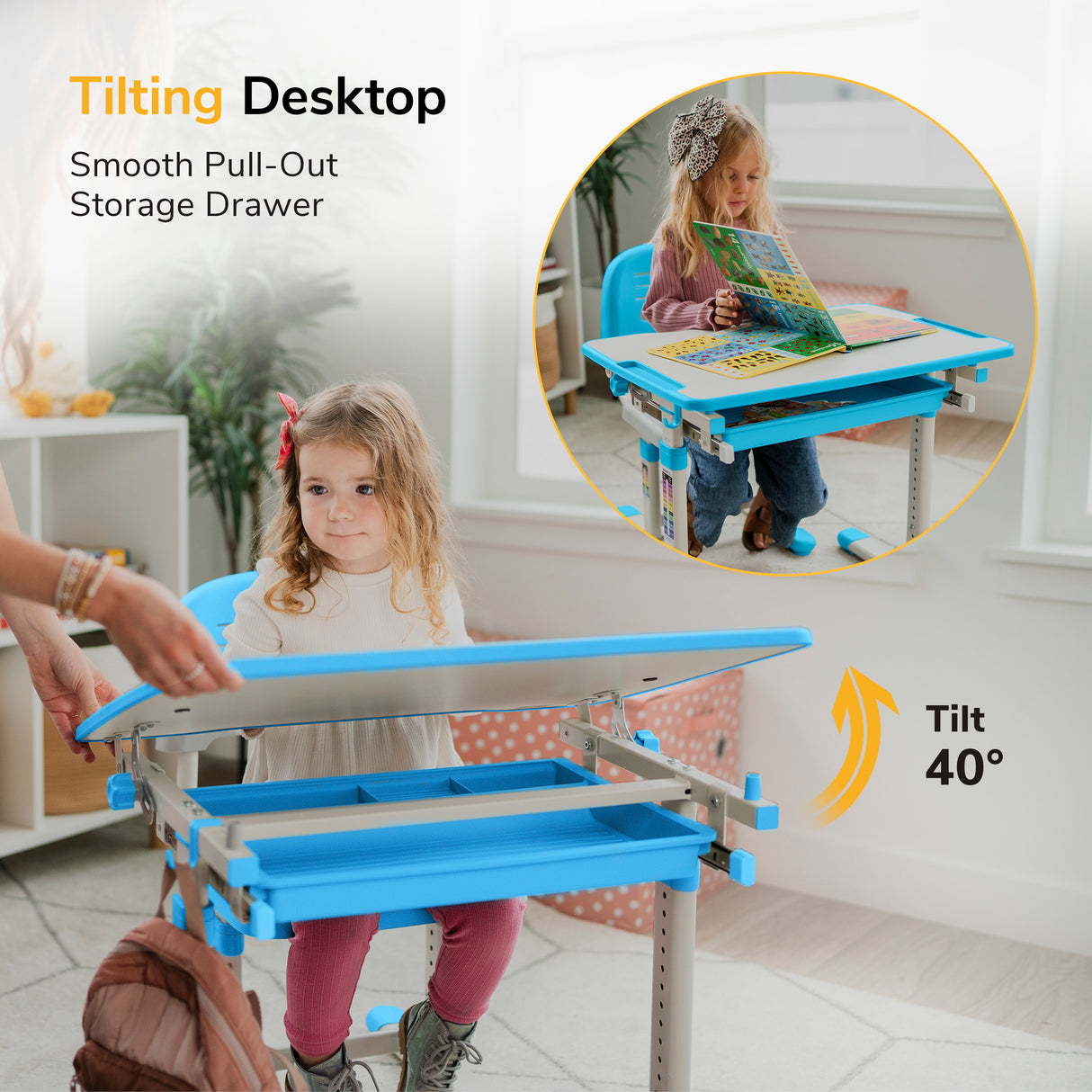 A young girl uses the Mount-It! Kids Desk and Chair Set for Ages 3-10, featuring a blue, height-adjustable desk with a tilting top set to 40 degrees by an adult. An inset shows another girl reading at the desk, highlighting its smooth pull-out storage drawer.