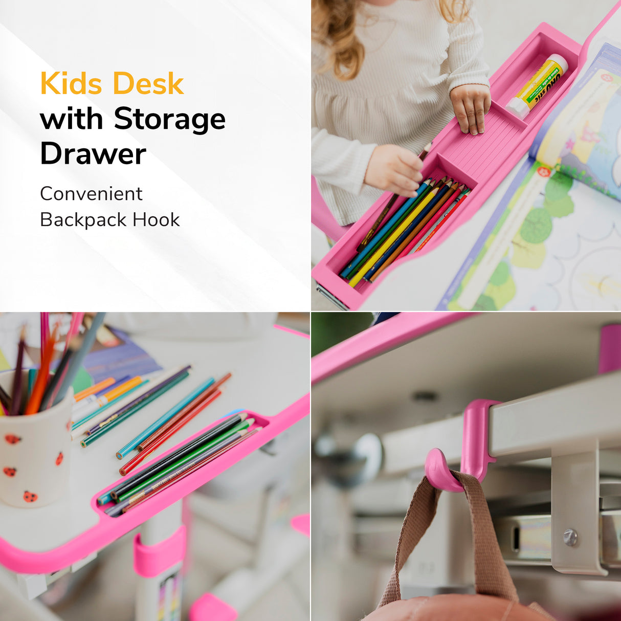 Collage of the Mount-It! Kids Desk and Chair Set for Ages 3-10: pink storage drawer with colored pencils, open notebook on tilting desktop, close-up of backpack hook under height-adjustable desk. Features text highlighted.