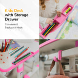 Collage of the Mount-It! Kids Desk and Chair Set for Ages 3-10: pink storage drawer with colored pencils, open notebook on tilting desktop, close-up of backpack hook under height-adjustable desk. Features text highlighted.