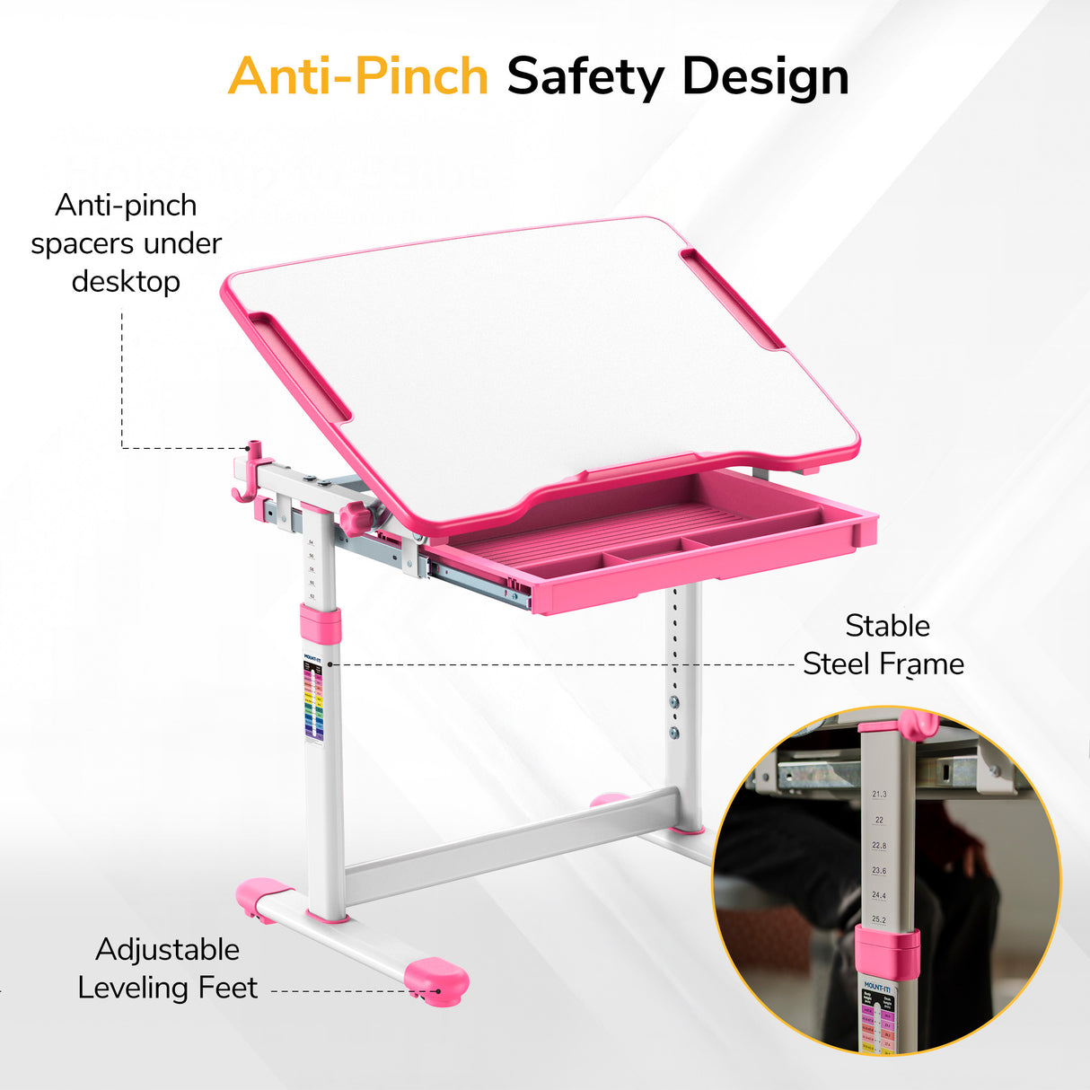 The Mount-It! Kids Desk and Chair Set for Ages 3-10 in pink and white features a tilting desktop, anti-pinch spacers, stable steel frame, adjustable leveling feet, and a close-up inset of the height measurement scale.