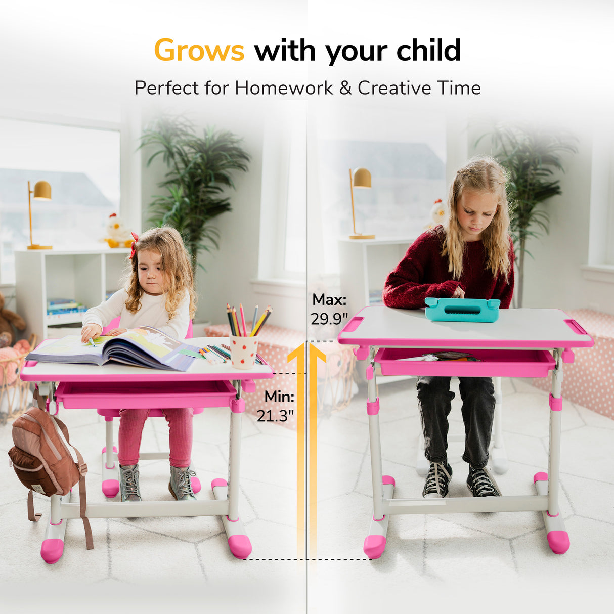 Two girls use Mount-It! Kids Desk and Chair Set for Ages 3-10 at different heights in a bright room. Adjustable and tilting, it’s the perfect desk that grows with your child through every stage.