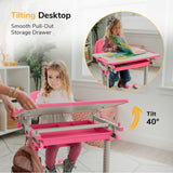 Two young girls use the Mount-It! Kids Desk and Chair Set for Ages 3-10 in a bright room—one sits while the other tilts the desk's top up to 40°. An inset highlights its tilting feature and handy pull-out storage drawer.