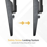 The image displays two metal arms with safety screws from the Mount-It! Tilting TV Wall Mount, showing its secure locking system. Yellow arrows highlight the lock, with text below: Safety Screw Locking System prevents TV lift-off.
