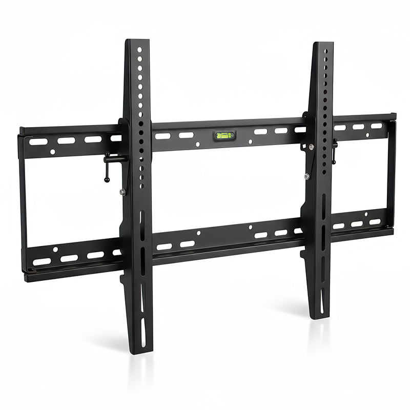 The Mount-It! Tilting TV Wall Mount in black features a slim profile, multiple adjustment holes, and an integrated top-center bubble level for secure, stylish flat-screen TV installation.
