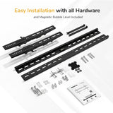 Mount-It! Tilting TV Wall Mount kit includes black metal brackets, screws, washers, bolts, spacers, a manual, and a magnetic bubble level on a white surface. Features easy installation and a slim profile.