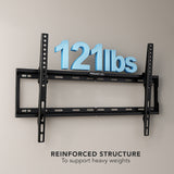 Close-up of Mount-It! TV wall mount with 3D text “121 lbs” resting on top, highlighting reinforced structure for heavy weight support.