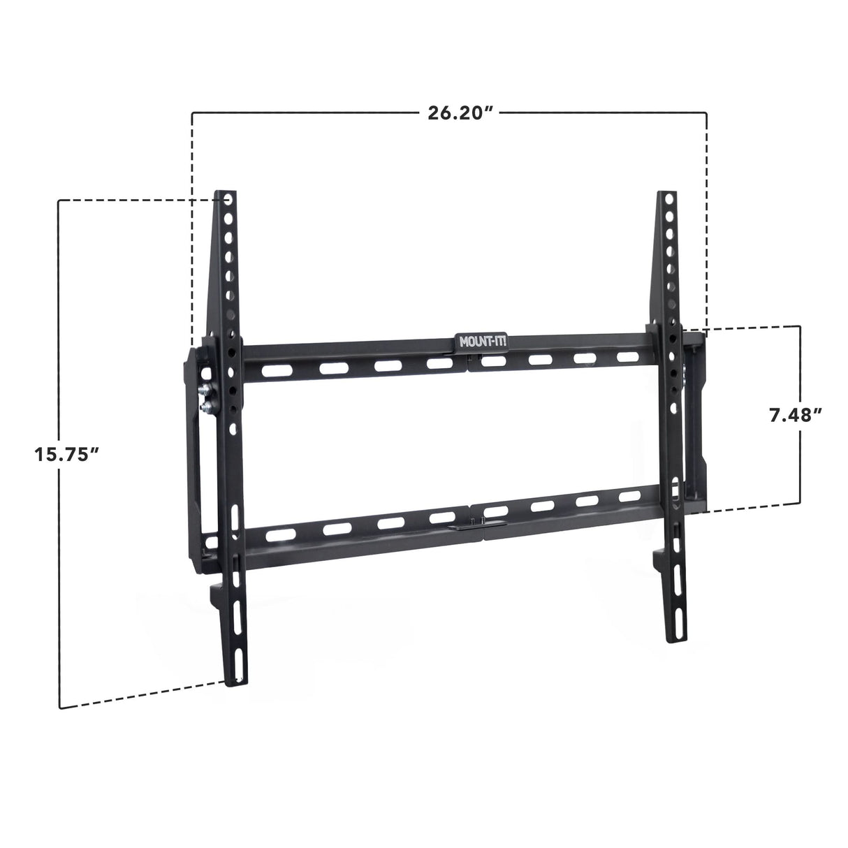 The Mount-It! Low Profile Tilt TV Wall Mount, measuring 26.20" wide by 15.75" tall with 7.48" between vertical bars, features adjustment holes to securely hold your flat-screen TV in place.