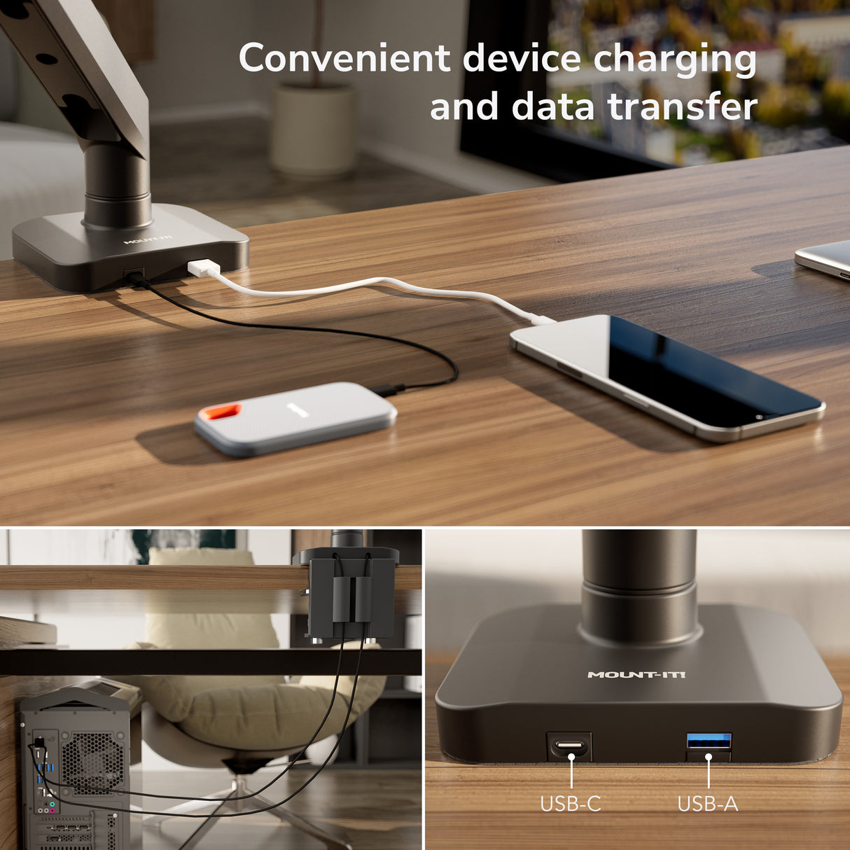 The Mount-It! Dual Monitor Mount with Gas Spring Arm and Crossbar features excellent cable management, keeping your devices powered and connected. Close-up views highlight its convenience for charging and data transfer right at your desk.
