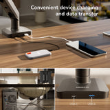The Mount-It! Dual Monitor Mount with Gas Spring Arm and Crossbar features excellent cable management, keeping your devices powered and connected. Close-up views highlight its convenience for charging and data transfer right at your desk.