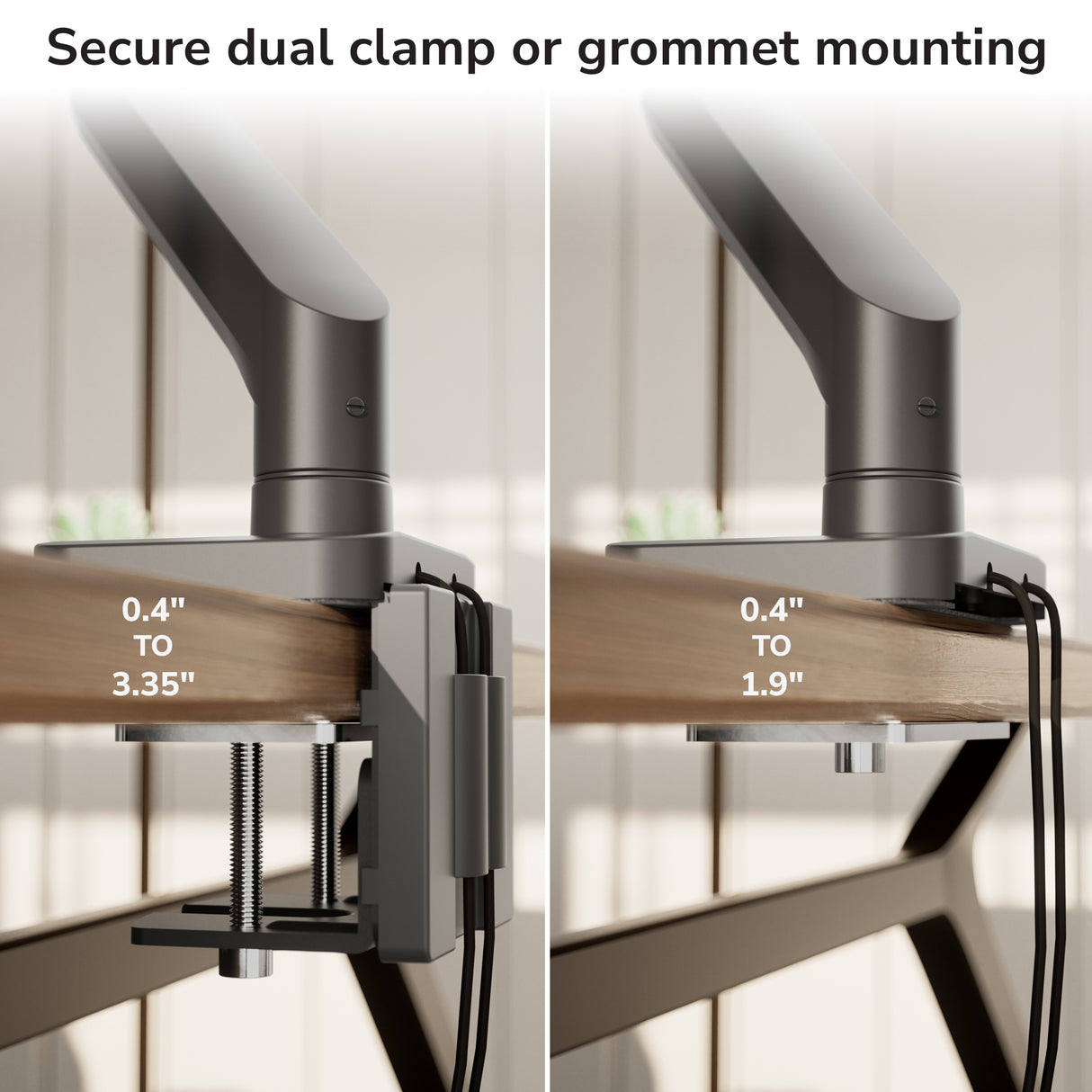 The Mount-It! Dual Monitor Mount with Gas Spring Arm and Crossbar shown mounted to a desk by clamp (left) or grommet (right), with cable management and adjustable thickness. Text above reads, Secure dual clamp or grommet mounting.