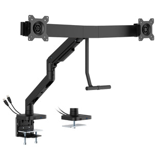 The Mount-It! Dual Monitor Mount with Gas Spring Arm and Crossbar features USB ports, cable management, and clamp mounts for easy desk attachment—perfect for creating the ideal dual monitor setup.