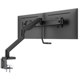 The Mount-It! Dual Monitor Mount with Gas Spring Arm and Crossbar in black supports two side-by-side screens, clamps to the desk edge, features a central handle for easy positioning, and has built-in cable management for a tidy workspace.