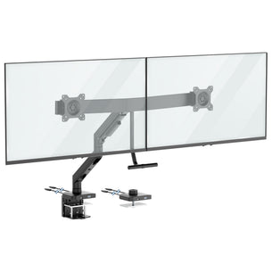 The Mount-It! Dual Monitor Mount with Gas Spring Arm and Crossbar in black securely clamps to your desk, supporting two large flat-screen monitors side by side for a tidy, adjustable dual monitor setup.