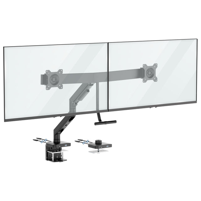 The Mount-It! Dual Monitor Mount with Gas Spring Arm and Crossbar in black securely clamps to your desk, supporting two large flat-screen monitors side by side for a tidy, adjustable dual monitor setup.