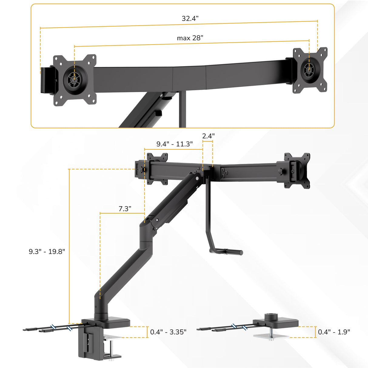 Diagram of the Mount-It! Dual Monitor Mount with Gas Spring Arm and Crossbar for dual monitors, showing cable management, rotation points, clamp base, and dimensions in inches for height, depth, and max width of 32.4 inches.