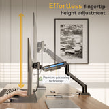 A person adjusts a Mount-It! Dual Monitor Mount with Gas Spring Arm and Crossbar above a desk. Text reads Effortless fingertip height adjustment and Premium gas spring technology. An arrow shows the monitor height range.