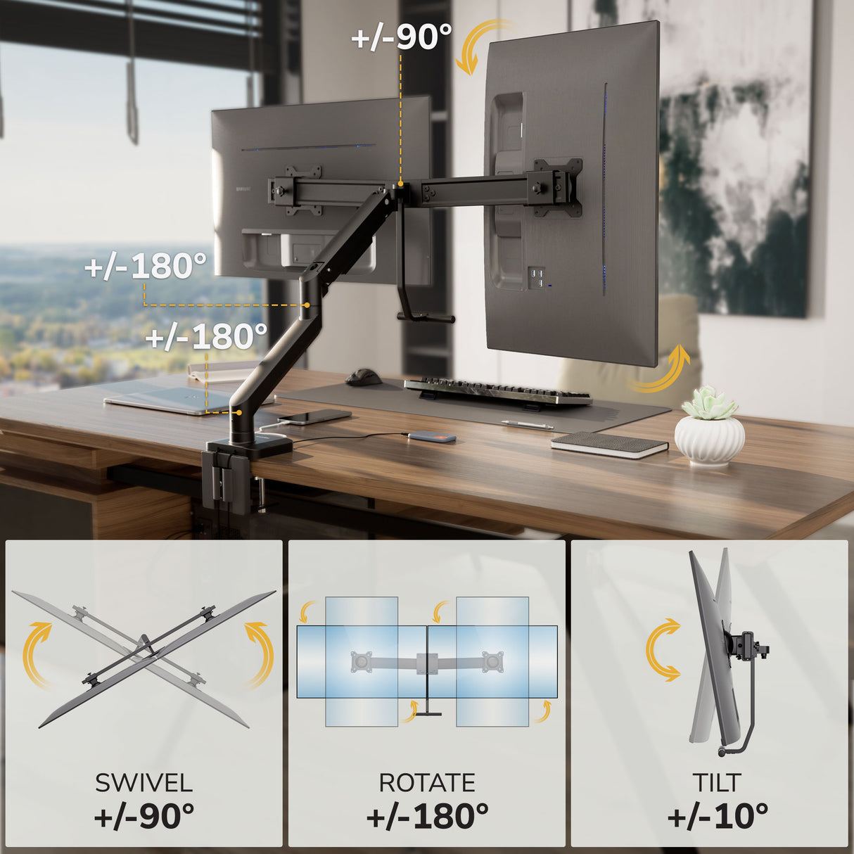 The Mount-It! Dual Monitor Mount with Gas Spring Arm and Crossbar is desk-mounted, holding two monitors in a modern setup. Arrows indicate +/-90° swivel, +/-180° rotation, +/-10° tilt, and integrated cable management amid stylish office decor.
