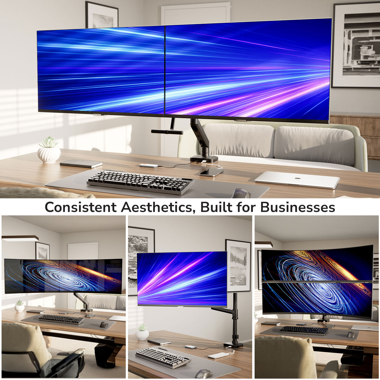 A modern office with Mount-It! Dual Monitor Mount with Gas Spring Arm and Crossbar, keyboard, mouse, and laptop on a wooden desk. Three smaller images show cable management and monitor angles. Text: Consistent Aesthetics, Built for Businesses.