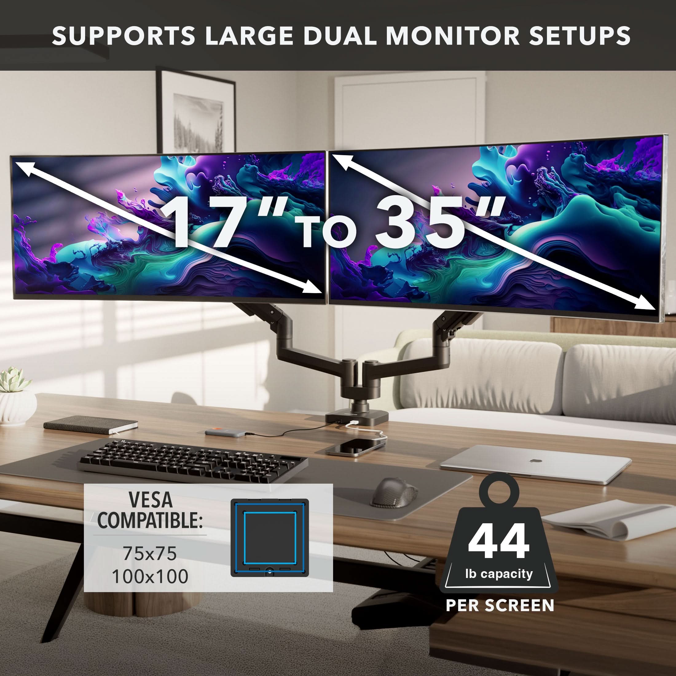 Mount-It! Heavy-Duty Dual Monitor Mount with Gas Spring Arms for monitors up to 35" | holds up to 44 lbs per monitor | MI-12003 - Thumbnail 2