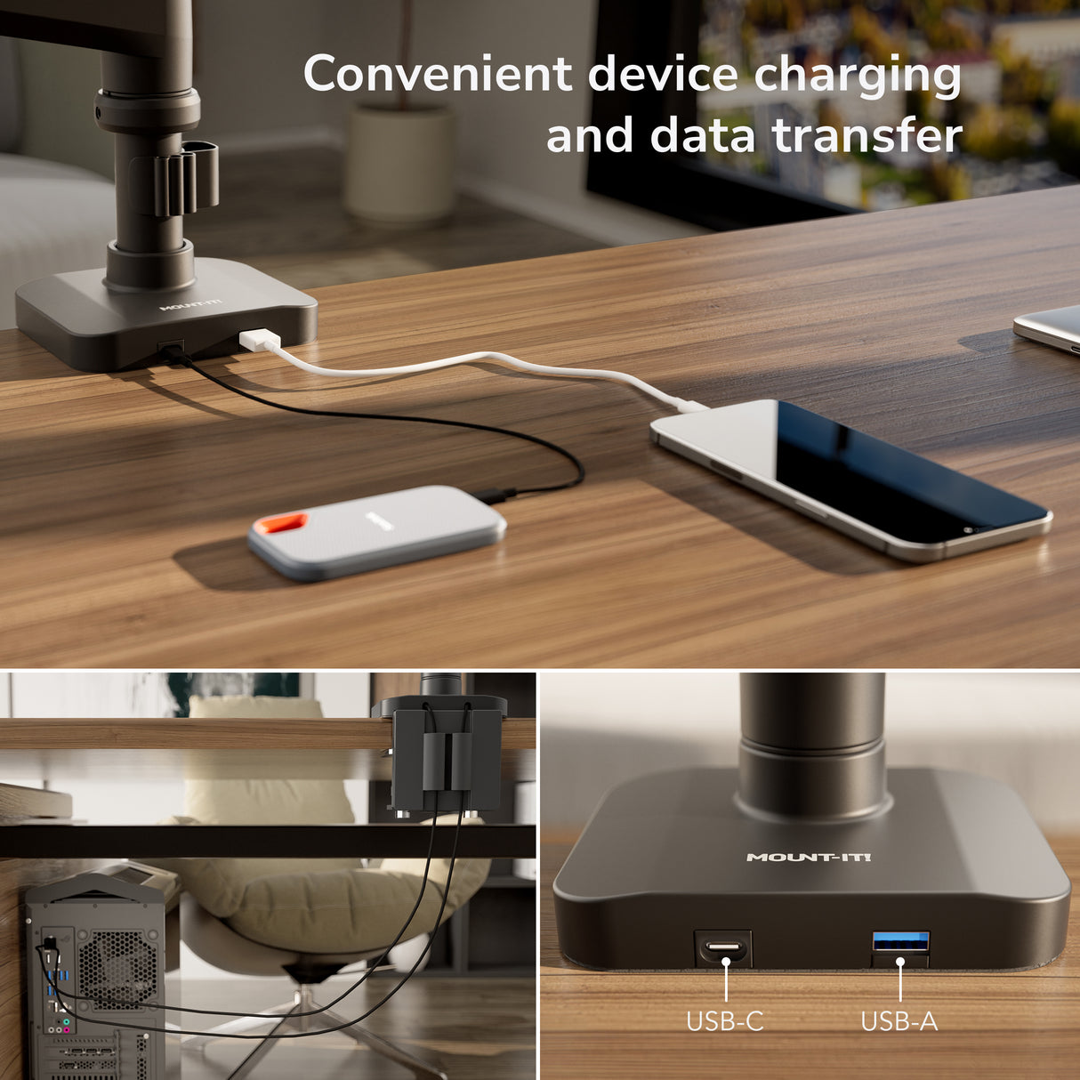 The Mount-It! Dual Monitor Mount with Pole and Crossbar offers USB-A ports for easy charging and data transfer for devices such as smartphones and external drives, while neatly managing cables under your wooden desk.