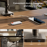 The Mount-It! Dual Monitor Mount with Pole and Crossbar offers USB-A ports for easy charging and data transfer for devices such as smartphones and external drives, while neatly managing cables under your wooden desk.