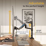 A modern office showcases the Mount-It! Dual Monitor Mount with Pole and Crossbar offering 17.3 inches of height adjustment via premium gas spring tech, as a hand lifts a monitor while laptops sit on the desk.